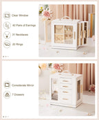 Homde Christmas Gifts Jewelry Box 360° Rotating, Necklace Earring Organizer with Transparent Window, Mirror, 7 Drawers, Large Ring Display Storage Case for Girls Women (White)