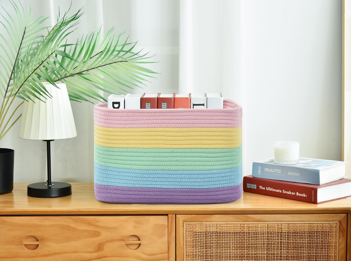 Issudata Storage Basket,Woven Baskets for Storage,Cotton Rope Baskets for Organizing,decorative Baskets for Shelves,book Basket,towel Basket,Toy Basket or Storage Bins (Light Rainbow)