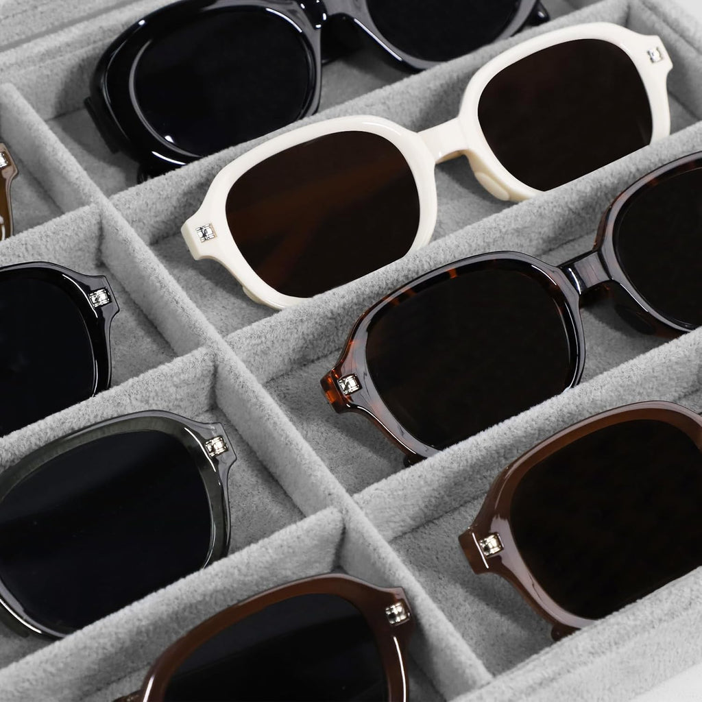 Wudygirl Jewelry organizer Sunglass Organizer 8 Slot Velvet Jewelry Tray Sunglasses Case with Lid Multi Eyeglass Case for Women Men（8 Grid