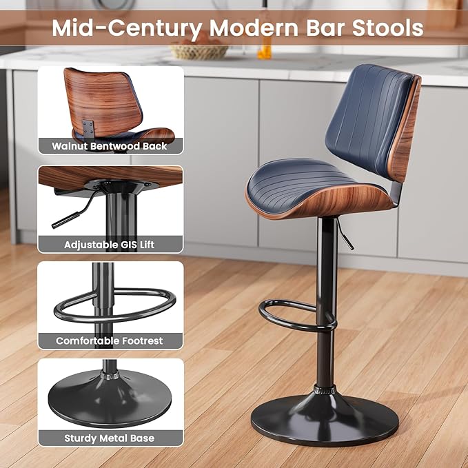 Swivel Bar Stools Set of 2, Adjustable Bentwood Barstools for Kitchen Counter, Modern PU Leather Upholstered Bar Chair with Back and Footrest, for Kitchen Island, Bar, Dining Room, Navy