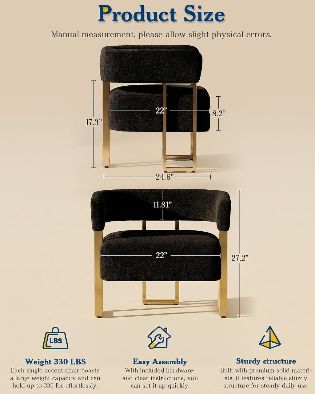 Mid Century Modern Accent Chair Set of 2, Barrel, Black Boucle, Gold Leg | AODAILIHB Upholstered Comfy Luxury Living Room Chairs, Cloud Armchair Set w/ Curved Back For Bedroom Dorm Office Lounge Decor