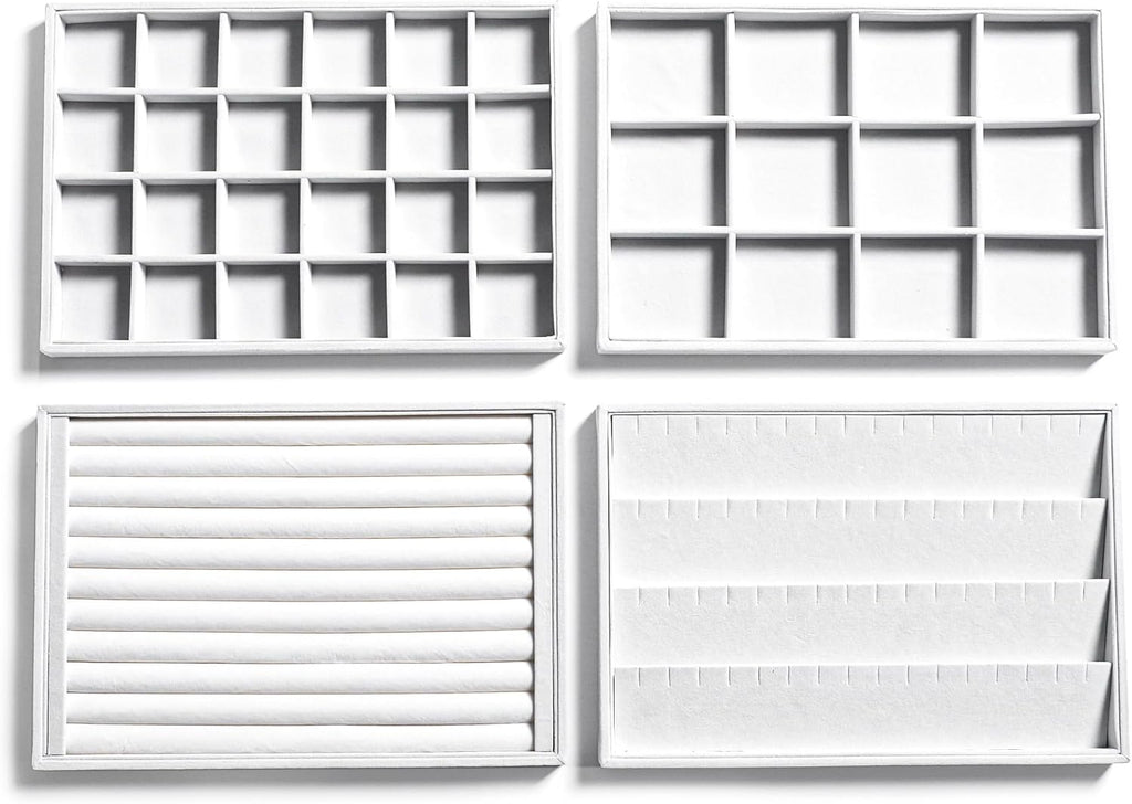 Frebeauty Stackable Velvet Jewelry Organizer Trays for Drawers Inserts Jewelry Storage Tray Display Case, Stud Earrings Bracelets Necklace Rings Accessories Trays for Women(Set of 4)(White)
