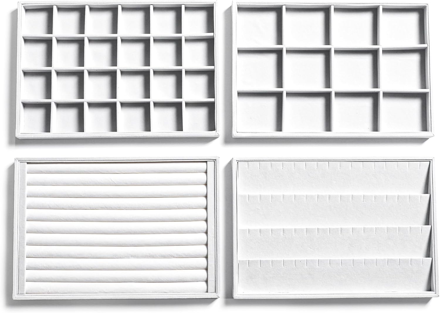 Frebeauty Stackable Velvet Jewelry Organizer Trays for Drawers Inserts Jewelry Storage Tray Display Case, Stud Earrings Bracelets Necklace Rings Accessories Trays for Women(Set of 4)(White)