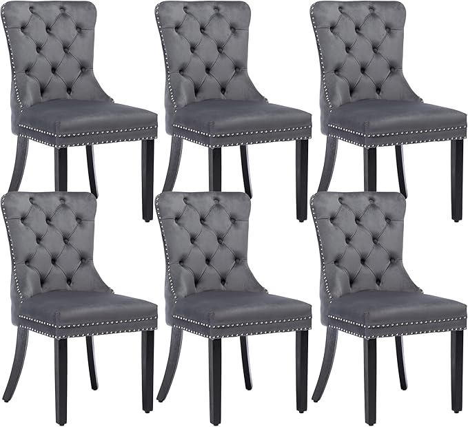 KCC Velvet Dining Chairs Set of 6, Upholstered High-end Tufted Dining Room Chair with Nailhead Back Ring Pull Trim Solid Wood Legs, Nikki Collection Modern Style for Kitchen, Grey