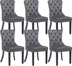 KCC Velvet Dining Chairs Set of 6, Upholstered High-end Tufted Dining Room Chair with Nailhead Back Ring Pull Trim Solid Wood Legs, Nikki Collection Modern Style for Kitchen, Grey