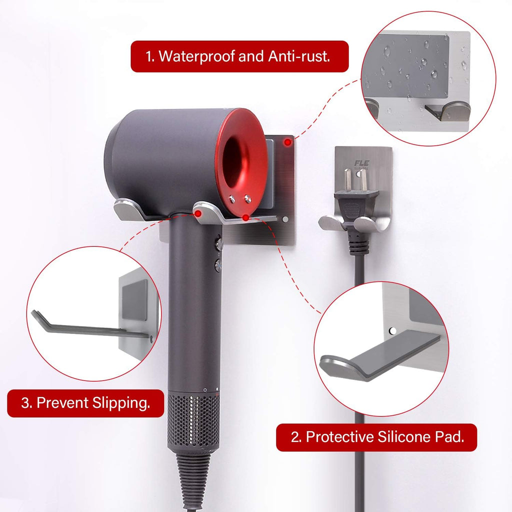 FLE Hair Dryer Holder Wall Mounted Self Adhesive, SUS 304 Stainless Steel Hair Blow Dryer Rack Organizer Compatible with Most Hair Dryers