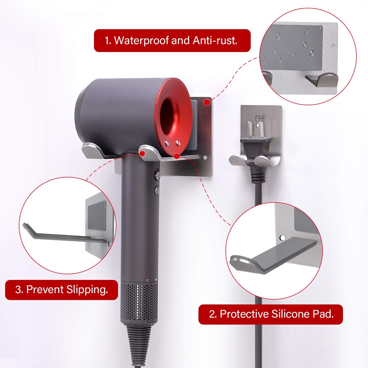 FLE Hair Dryer Holder Wall Mounted Self Adhesive, SUS 304 Stainless Steel Hair Blow Dryer Rack Organizer Compatible with Most Hair Dryers