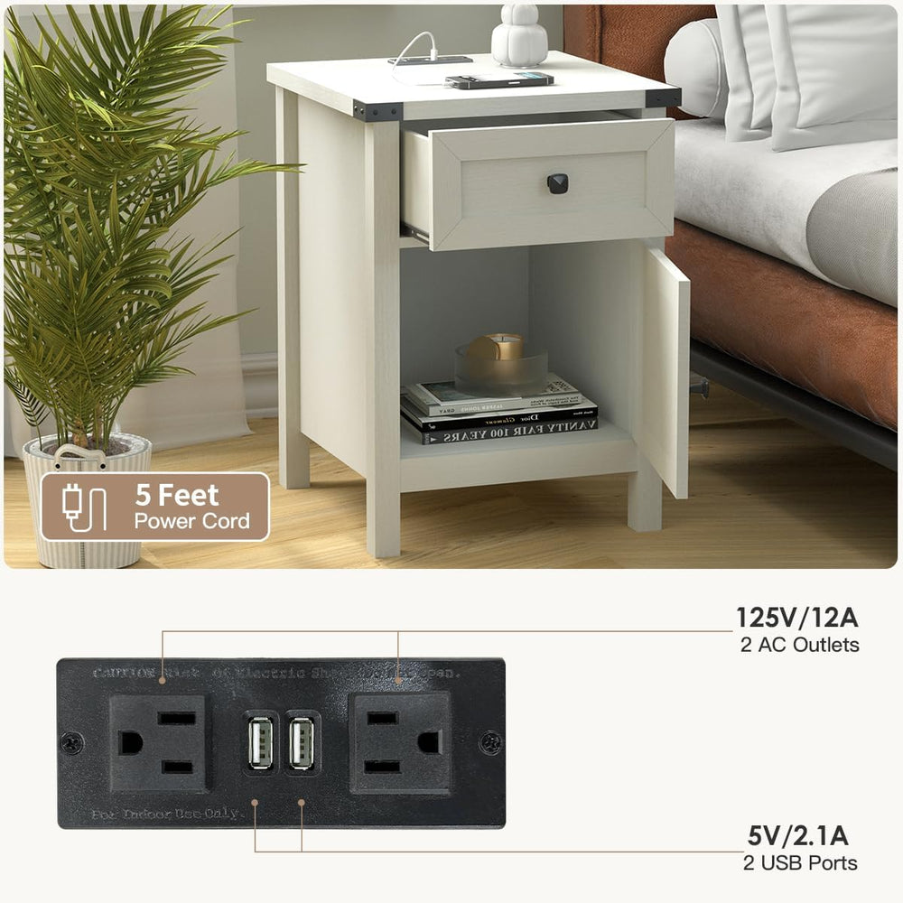 Farmhouse Nightstand with Charging Station, White Side Table, Rustic End Tabl...