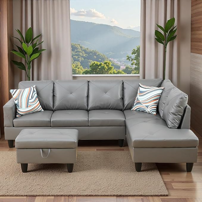 Sectional Couches for Living Room with Movable Chaise & Storage Ottoman - 97.5" Leather L Shaped Couches for Living Room Apartment, 4 Seat Home Furniture Modular Sectional Sofas, Grey