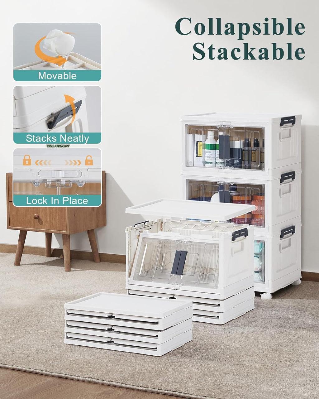 OlarHike 23QT Stackable Storage Bins with Lids - Folding Storage Box with Doors and Wheels, Collapsible Plastic Storage Bins for Closets and Organization, Christmas Gifts, 3 Pack Cubes