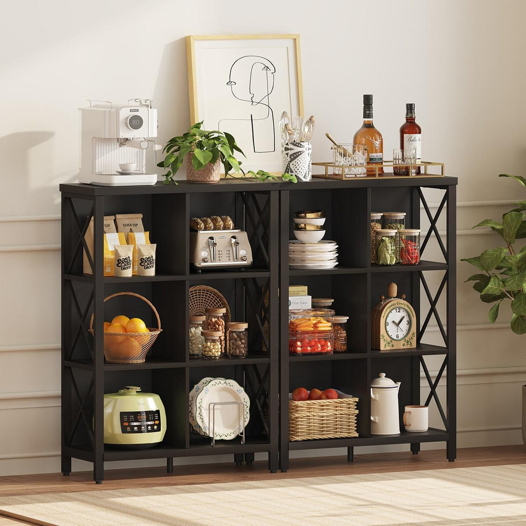 6 Cube Storage Organizer with Storage, 41.54 Inch Hight Modern 4-Tier Bookshelf with X-Shaped Metal Frame, Black Wood Bookcase for Living Room, Home Office, Bedroom, Easy Assembly