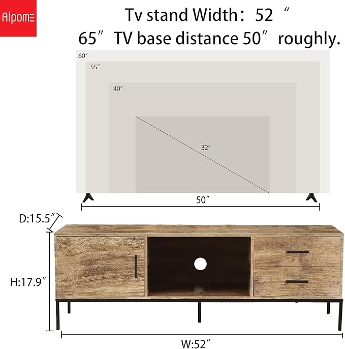 TV Stand for 55/60 Inch TV, Modern Wood Entertainment Center with Storage, 52" Media Console Table with 2 Drawers & Door Cabinet, Television Stands for Living Room & Bedroom (Rustic Brown)