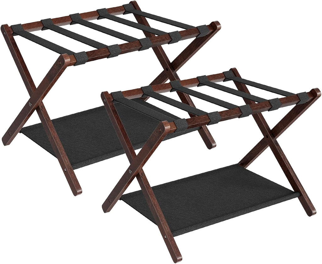 HOOBRO Luggage Racks, Set of 2 Folding Luggage Holders, Bamboo Suitcase Stands, with Nylon Straps and Oxford Fabric Shelf, for Guest Room, Hotel, Bedroom, Brown and Black BR17XLP201G1