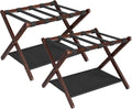 HOOBRO Luggage Racks, Set of 2 Folding Luggage Holders, Bamboo Suitcase Stands, with Nylon Straps and Oxford Fabric Shelf, for Guest Room, Hotel, Bedroom, Brown and Black BR17XLP201G1