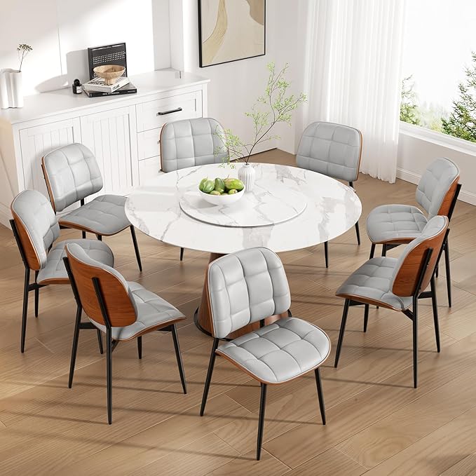Dining Chairs Set of 8, Mid Century Modern Dining Room Chair, Upholstered Faux Leather Kitchen Chairs with Thick Cushion and Walnut Bentwood Back for Kitchen Dining Room, Grey