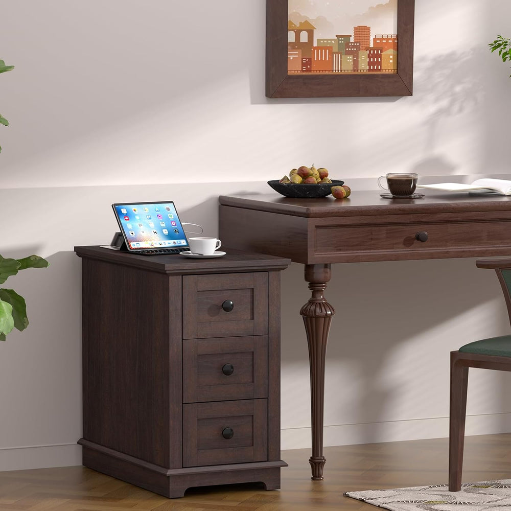 HIFYOBRO 3 Drawers End Table with Flip Top Charging Station, Narrow Side Tabl...