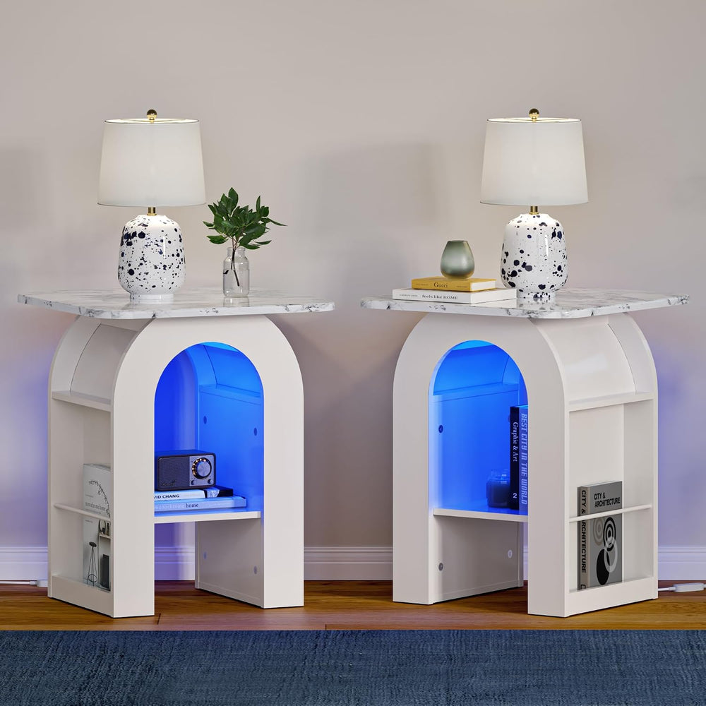 FIMELLO 19" End Table Set of 2 with Marble Top, Modern Arched Night Stan...