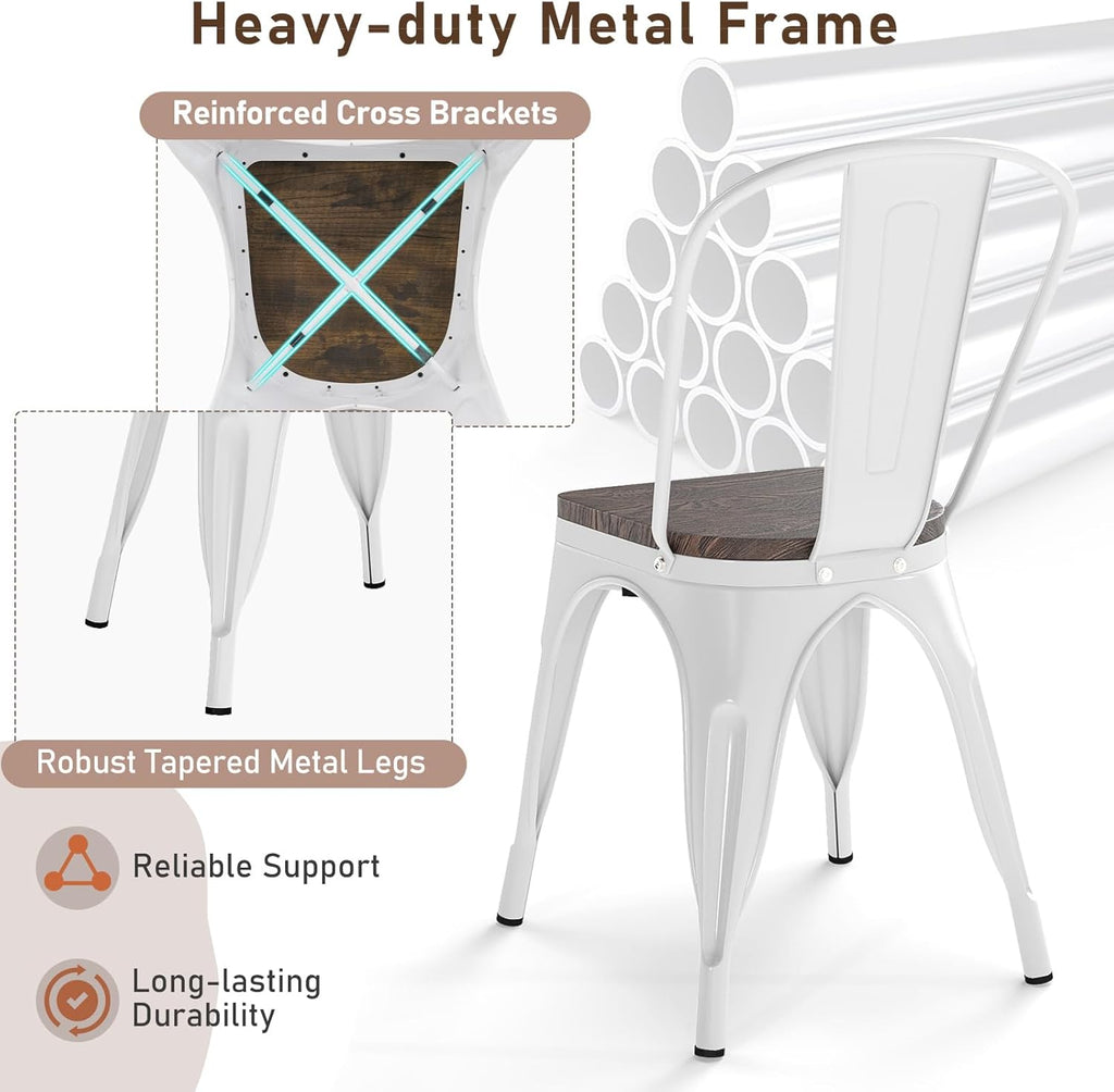 COSTWAY Stackable Metal Dining Chairs Set of 4 with Wood Seat and High Back | White, Industrial Vintage Style, Elm Wood Seat Board, 18 Inch, for Dining Room, Kitchen, Bar, Cafe, Bistro, Restaurant