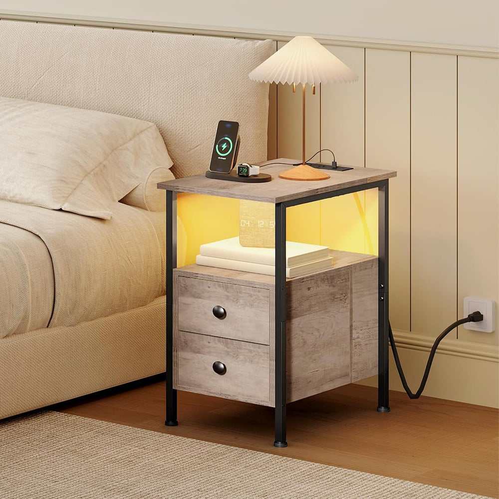 HOOBRO End Table with Charging Station & Led Light, Flip-Top Narrow Side ...