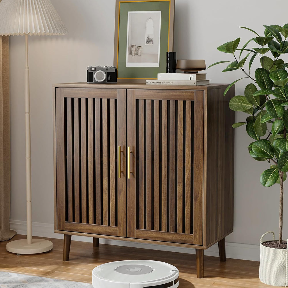 Buffet Cabinet with Storage Walnut Sideboard with Grille Doors&Adjustable...