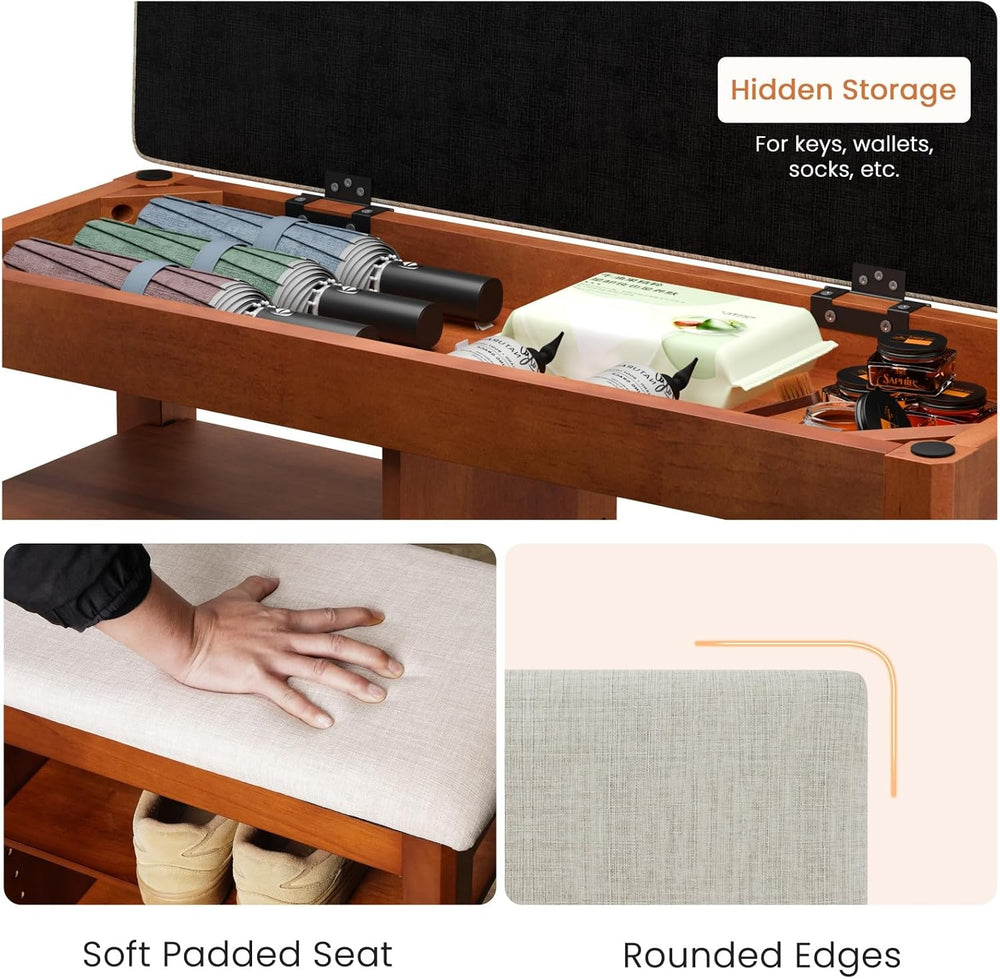 FAGAGA Shoe Rack Bench with Cushioned Seat, Solid Wood Entryway Bench with Fl...
