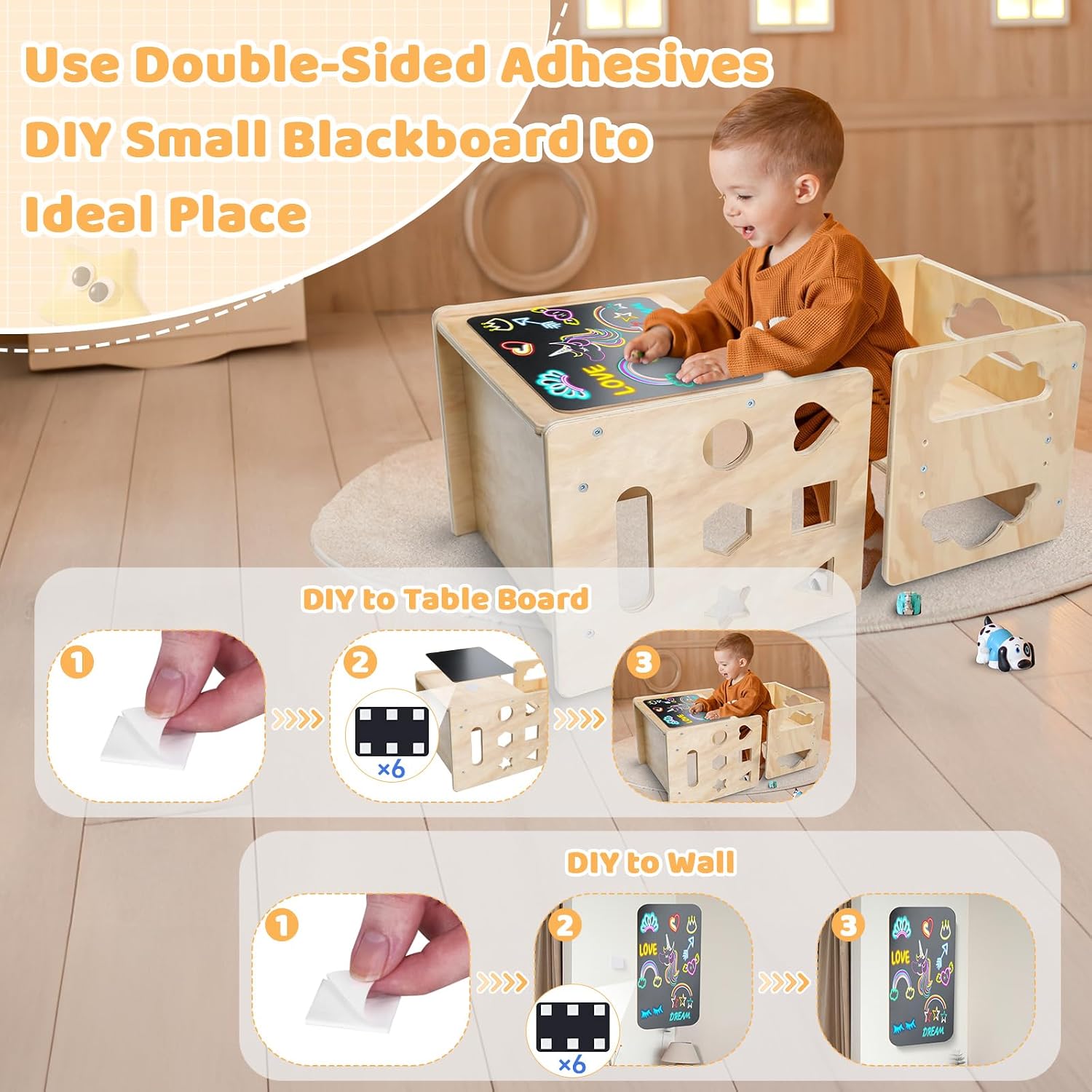 Montessori Table and Chair Set, Toddler Table and Chair Set, for 1-3 Kids | Wooden, Adjustable Chair, with Blackboard, Kids Table and Chairs Furniture, for Eating, Drawing, Reading, Play