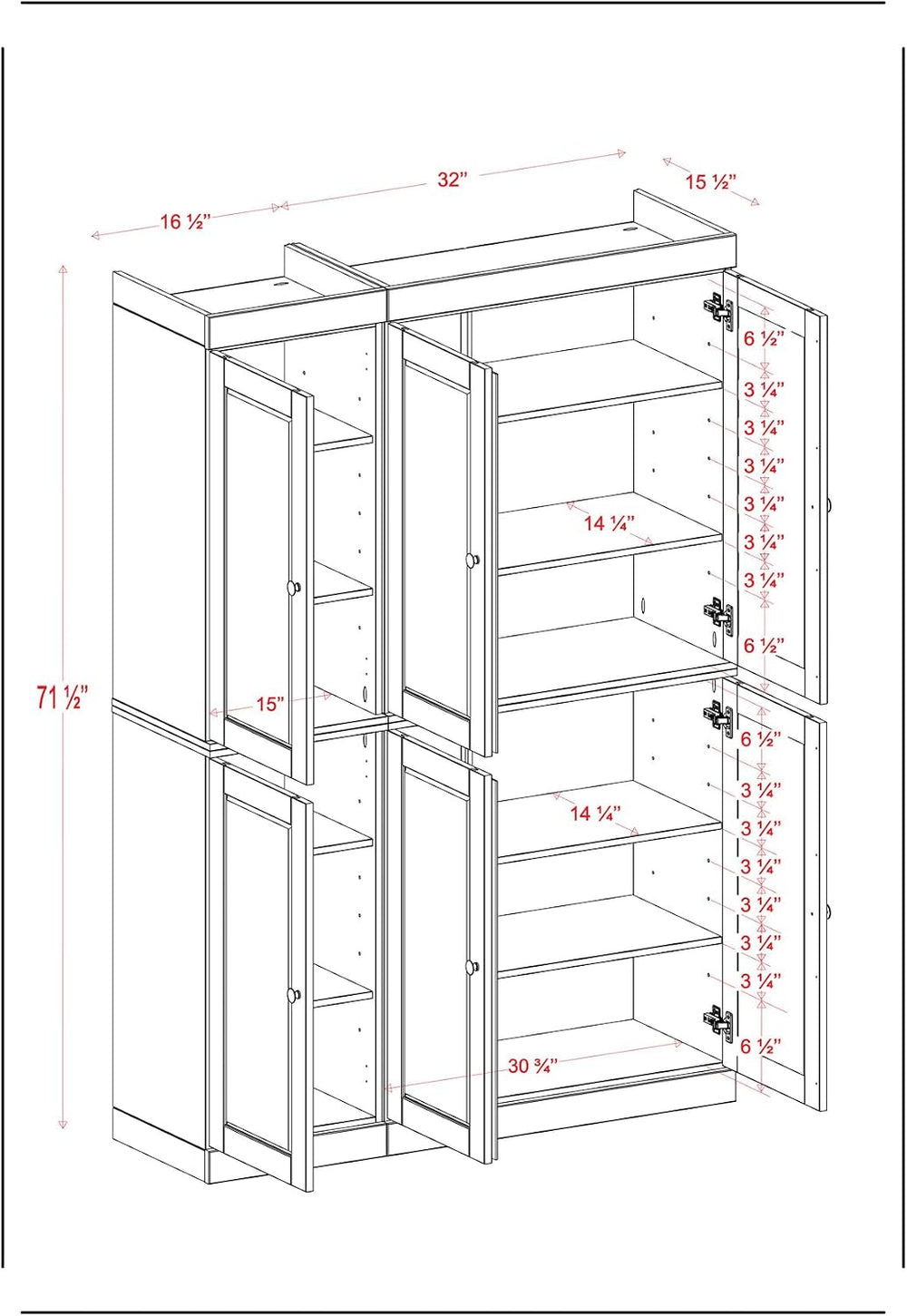 Palace Imports Solid Wood Kitchen Pantry Cabinet - 71.5" Tall, 48.5&quot...
