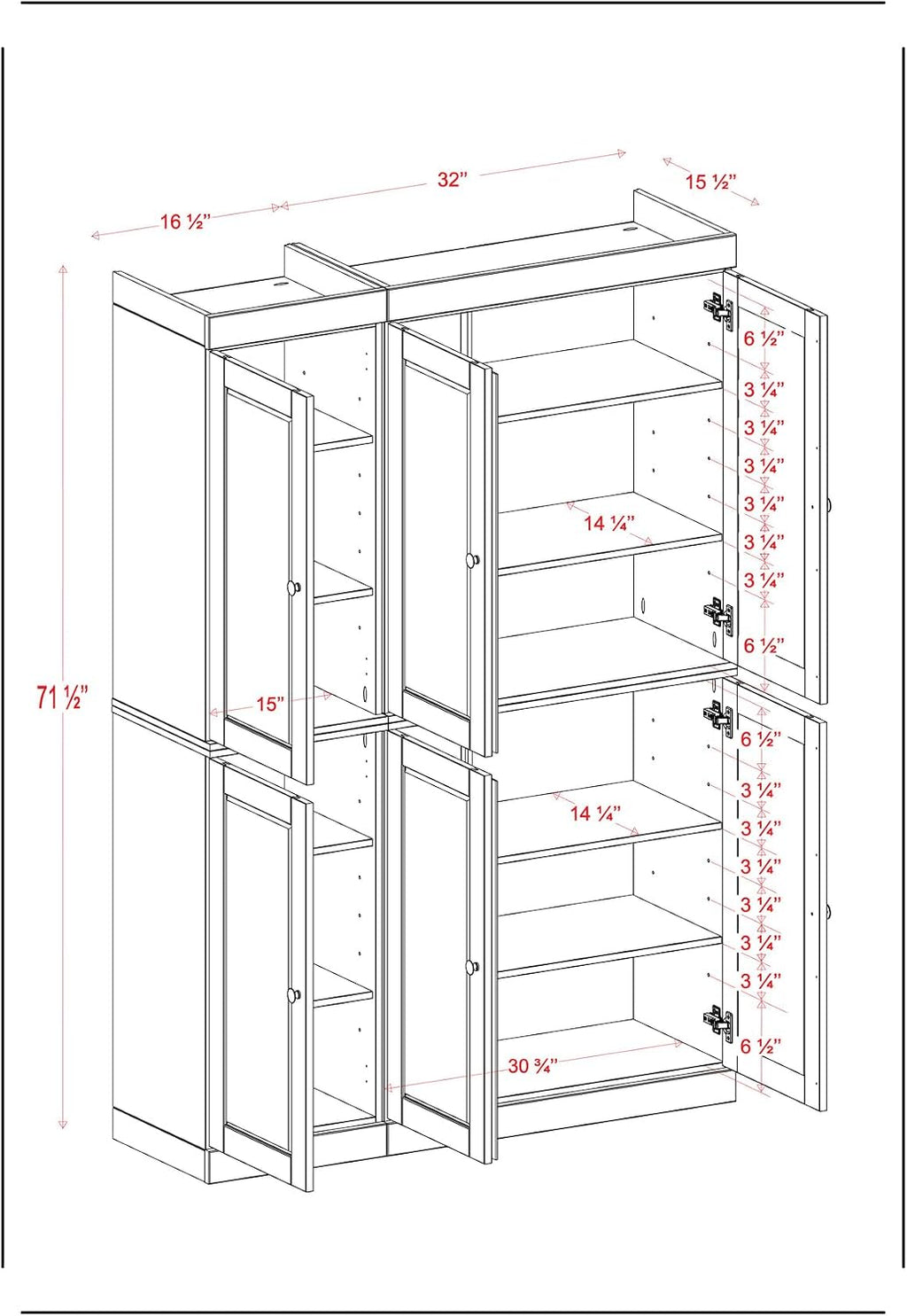 Palace Imports Solid Wood Kitchen Pantry Cabinet - 71.5" Tall, 48.5" Wide - Wooden Storage Cabinet w/ 6 Shaker Doors & 8 Adjustable Shelves - Beige, 100% Renewable Eco-Friendly Wood, Made in Brazil
