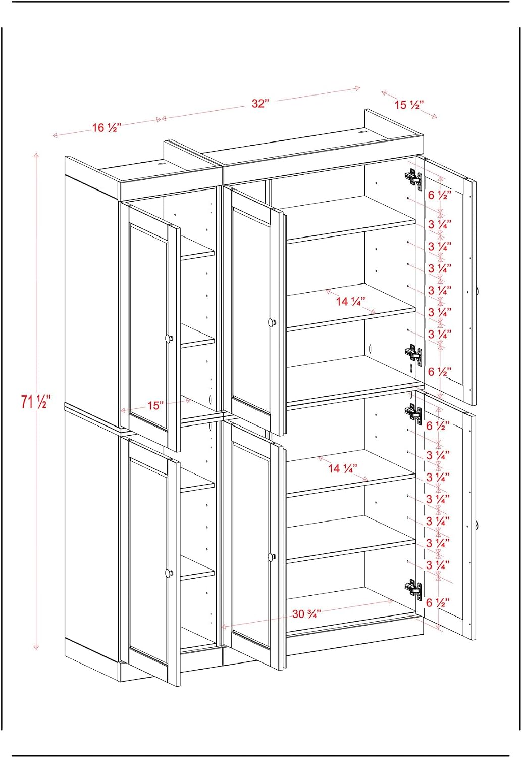 Palace Imports Solid Wood Kitchen Pantry Cabinet - 71.5" Tall, 48.5" Wide - Wooden Storage Cabinet w/ 6 Shaker Doors & 8 Adjustable Shelves - Beige, 100% Renewable Eco-Friendly Wood, Made in Brazil