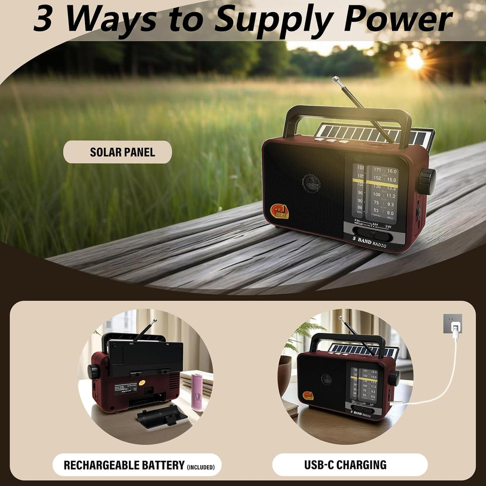 Portable AM FM Shortwave Radio, Bluetooth Solar Powered Emergency Radio