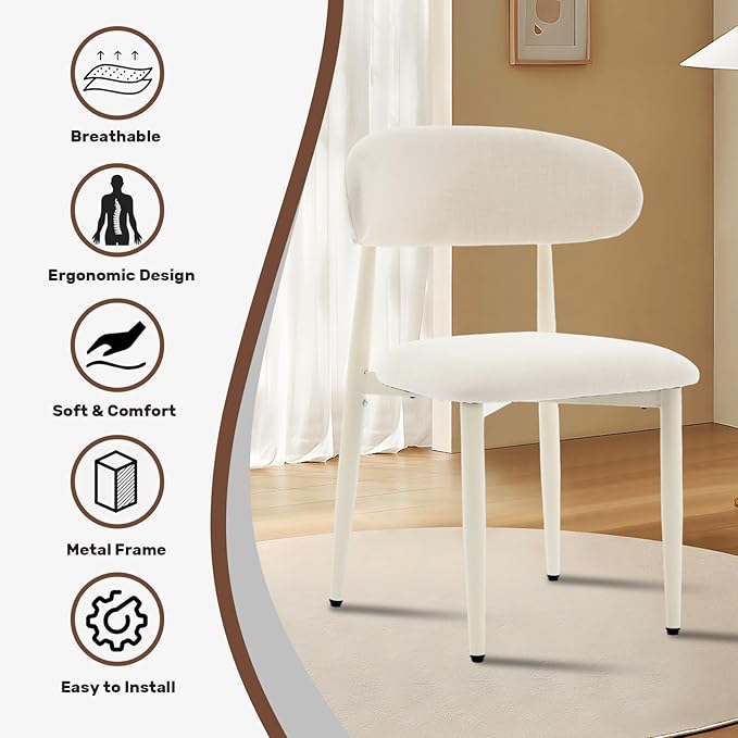 UVV Dining Chairs Set of 2, Metal Kitchen Chairs with Modern Fabric Upholstered for Dining Room, Beige