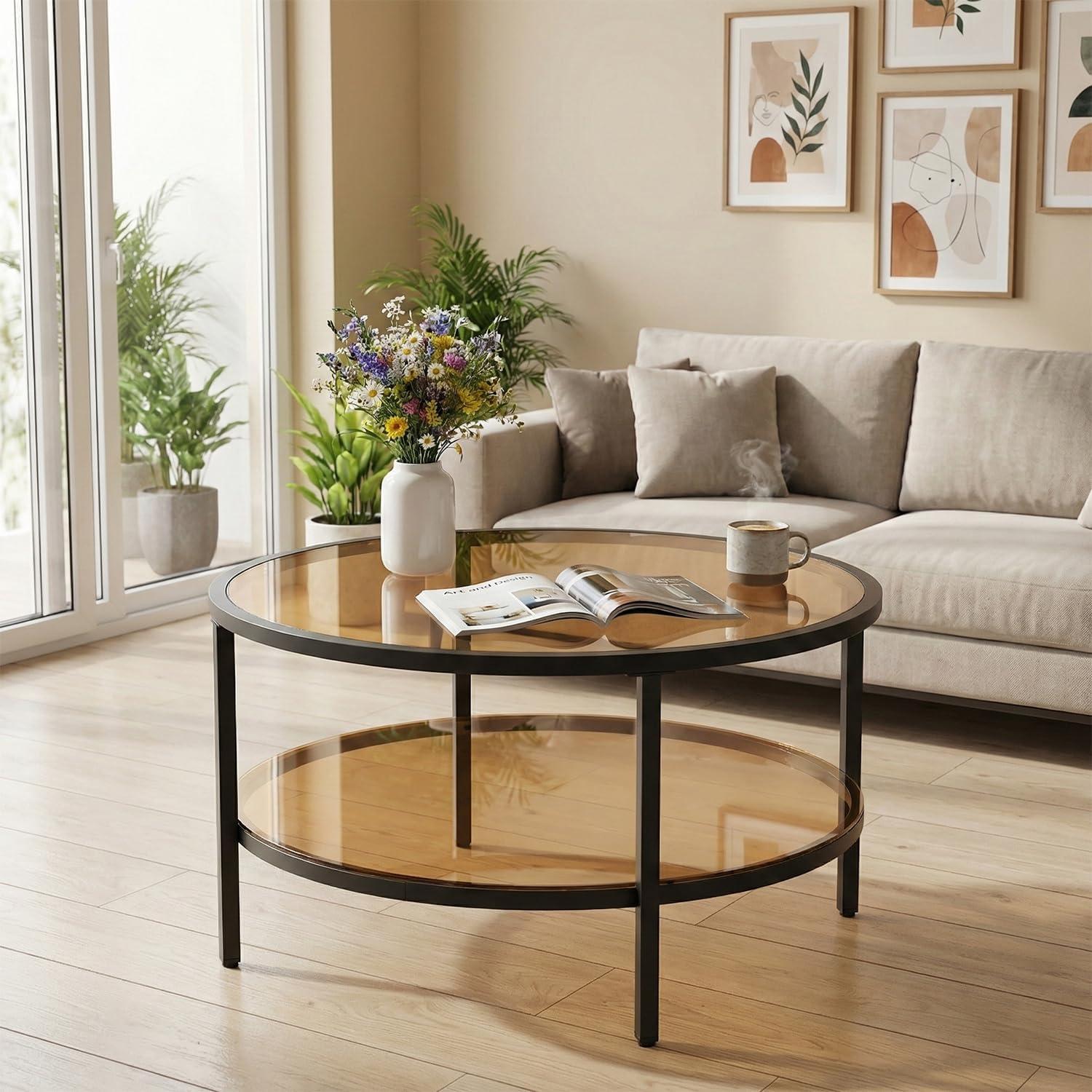 DIYART 29.5" Round Glass Coffee Table, 2-Tier Modern Amber Glass & Metal End Table for Living Room, Mid Century Accent Table with Lower Shelf, 29.5" D x 16.5" H