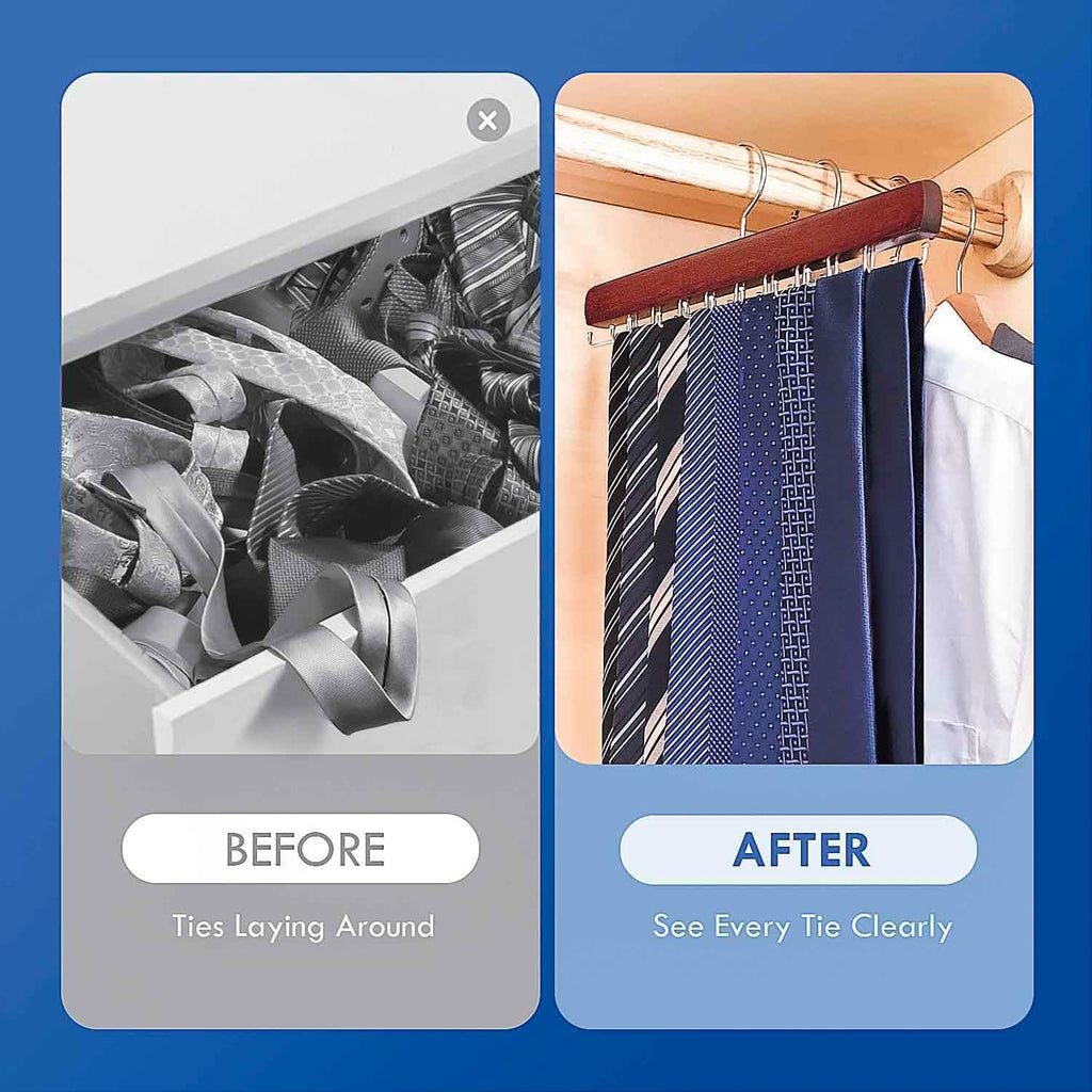 Tie Rack Hanger for Closet, Wooden Tie Hangers for Men with 18 Folding Hooks, Space Saving Tie Holder Neck Tie Organizer for Men Ties, Belts, Bras, Scarves, Tank Tops (Mahogany)