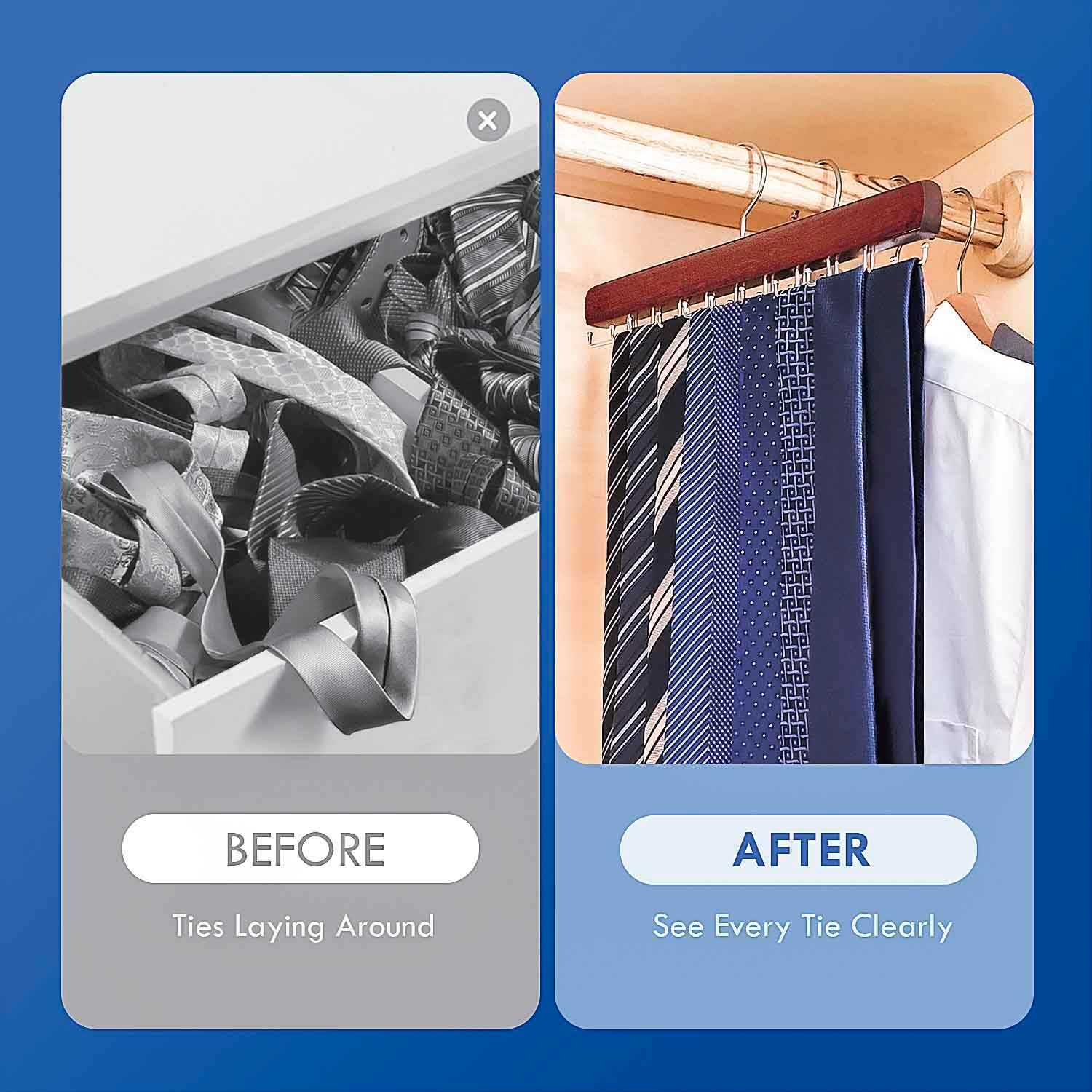 Tie Rack Hanger for Closet, Wooden Tie Hangers for Men with 18 Folding Hooks, Space Saving Tie Holder Neck Tie Organizer for Men Ties, Belts, Bras, Scarves, Tank Tops (Mahogany)