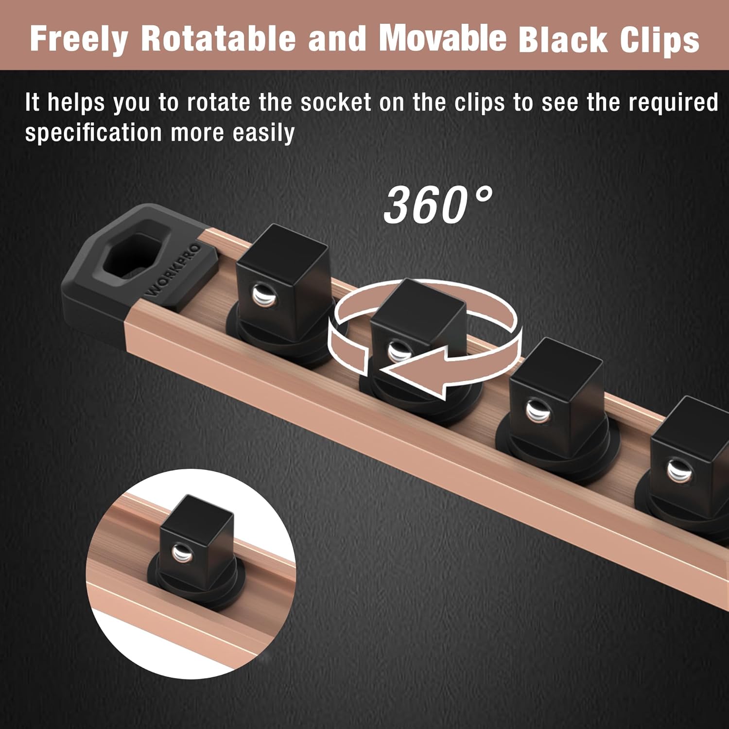 WORKPRO Magnetic Socket Organizer, 1/2-Inch Drive Aluminum Alloy Socket Rail, Heavy Duty Socket Holder, Socket Rack Kit 1/2-Inch x 10 Clips Champagne (Socket not Included)