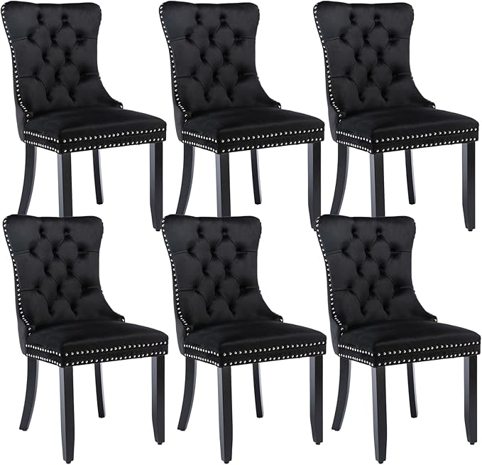 Black Dining Chairs Set of 6, Upholstered Velvet Dining Room Chairs with Back Ring Pull Trim and Solid Wood Legs,Modern Dining Chairs Perfect for Dining Room,Living Room,Kitchen(Black)
