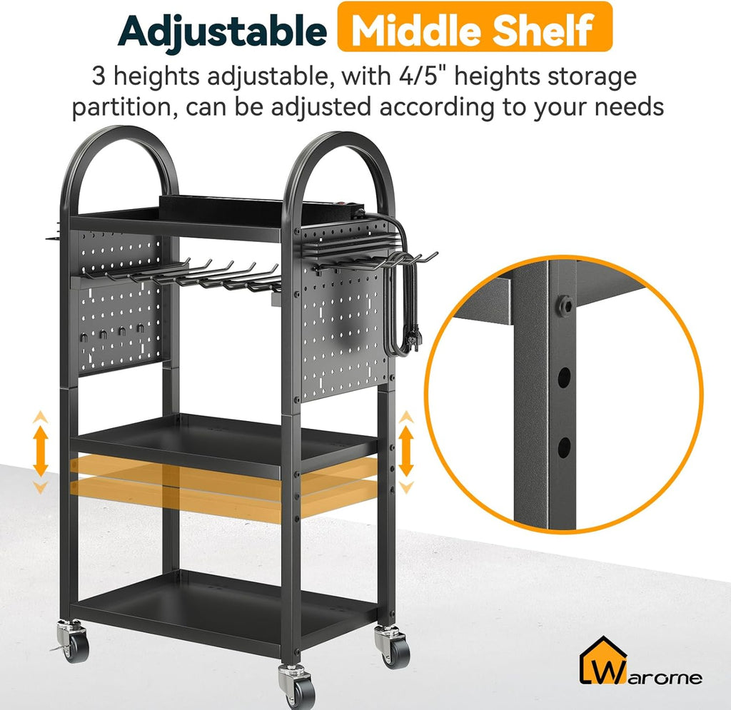 Warome Large Power Tool Organizer Cart with Charging Station, Rolling Utility Cart with 8-Outlet Movable Power Strip, Floor Standing Drill and Battery Holder,Tool Cart on Wheels for Garage Storage