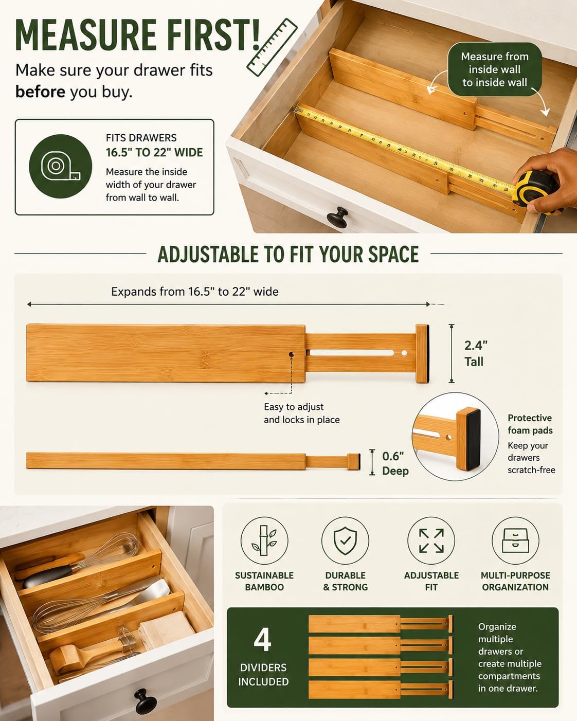 Bamboo Drawer Dividers, 16.5"-22" Adjustable Expandable Organizers, 4 Pack, Tension Mount, Slip Resistant, for Kitchen and Home