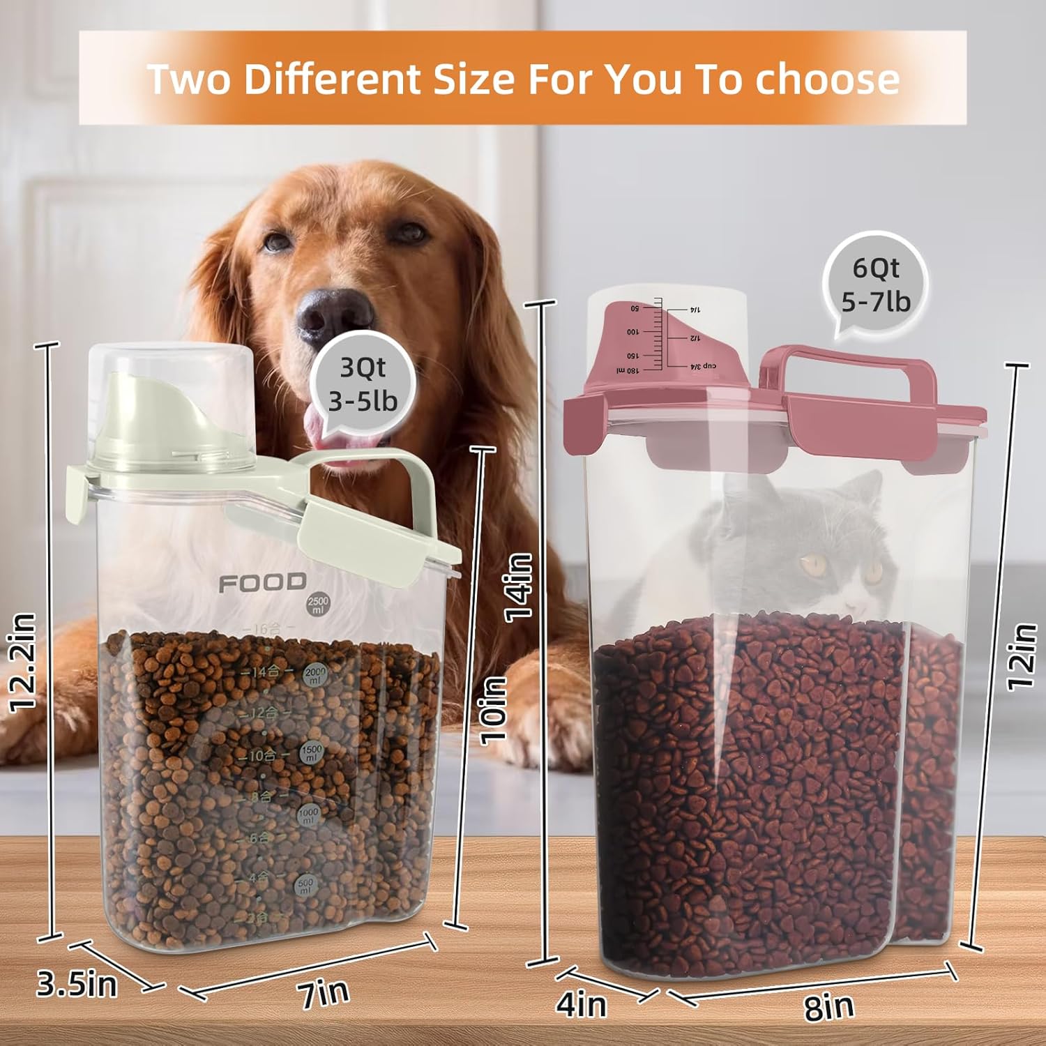 5-7Lbs Small Cat Dog Food Storage Containers BPA Free, Airtight Pet Food Storage Containers with Large Pour Spout/1 Measuring Cup/ 4 Safety Locks and With Folding Bowl (Rose Pink)