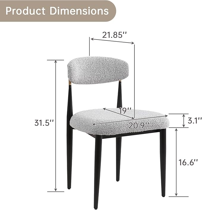 Morden Fort Modern Dining Chairs Set of 6, Upholstered Armless Chairs with Curved Backrest and Black Metal Legs for Dining Room, Kitchen, Living Room and Apartment