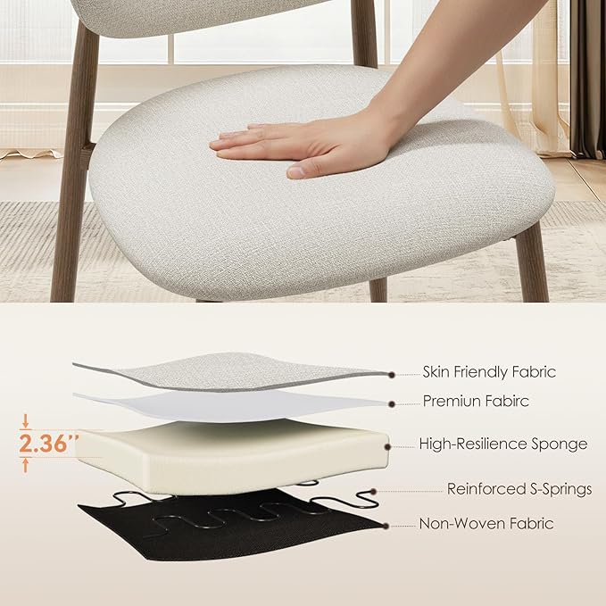 Dining Chairs Set of 6, Curved Back Kitchen Room Chairs with Metal Legs and Anti Slip Pads, Upholstered Dining Chair for Home and Restaurant, Beige