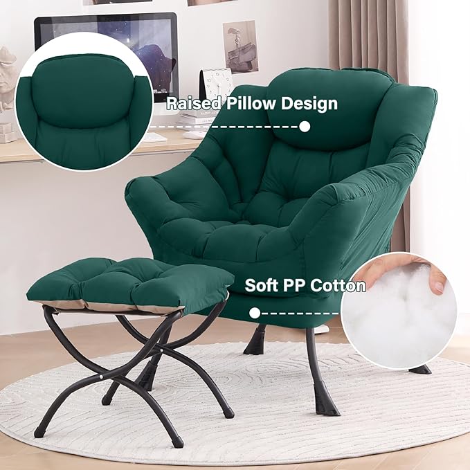 Tiita Lazy Chair with Ottoman, Modern Large Accent Lounge Armchair, Comfy Leisure Sofa Reading Chair with Footrest for Bedroom, Living Room, Dorm Rooms, Garden and Courtyard, Green