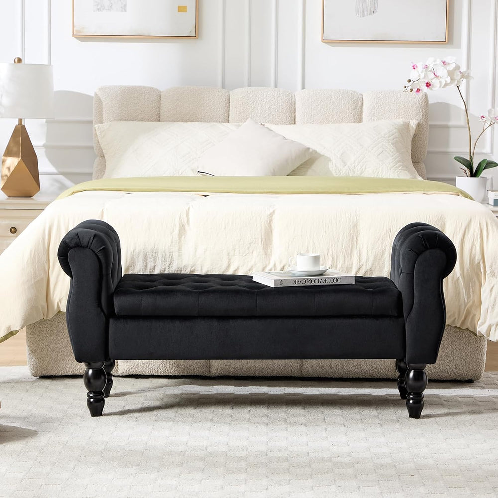 Velvet Upholstered Storage Bench with Arms and Wooden Legs, 47.6" Modern...