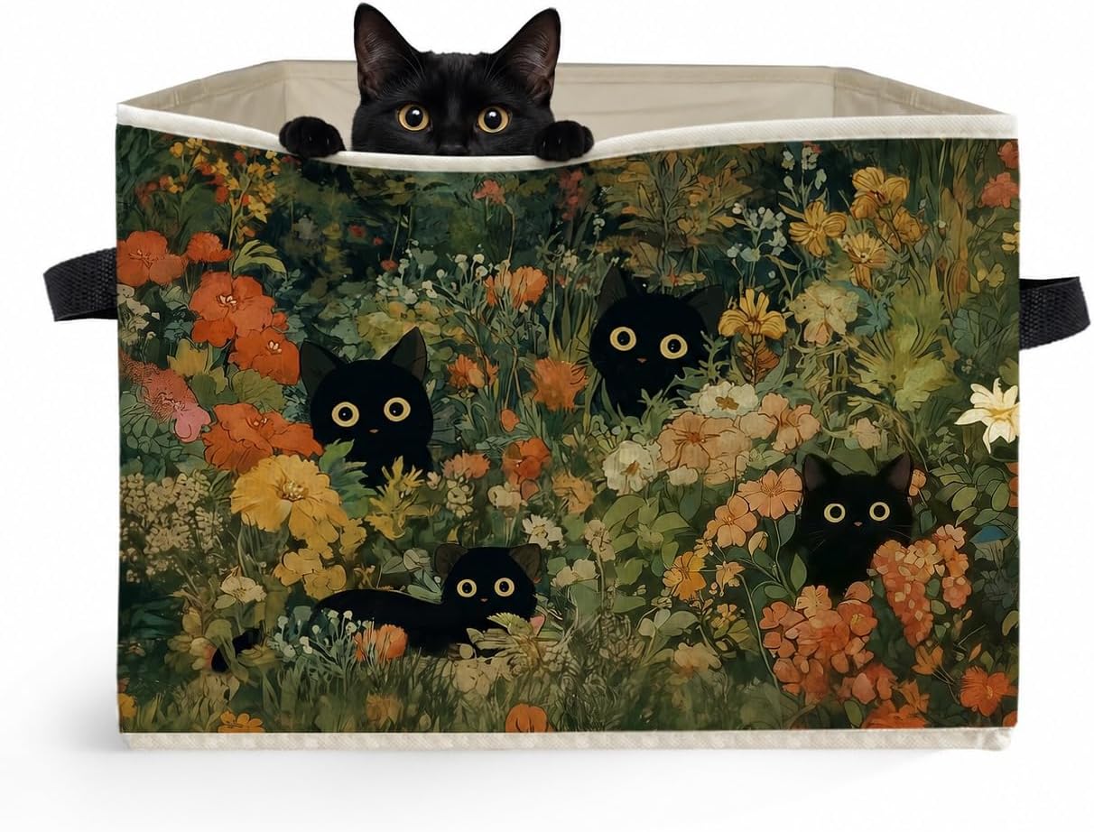 Wildflower Field Black Cat Storage Box Bins, Cat Lover Gifts, Floral Kitten Collapsible Storage Basket Organizer for Bedroom Laundry Room Home Clothes Books, Decor for Room