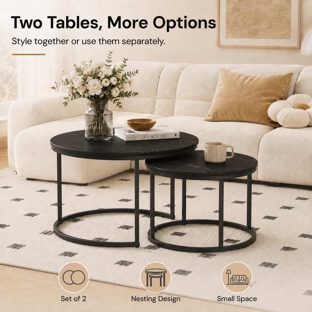 Nesting Coffee Table Set of 2，Black + Black | 27.6'' Industrial Coffe...