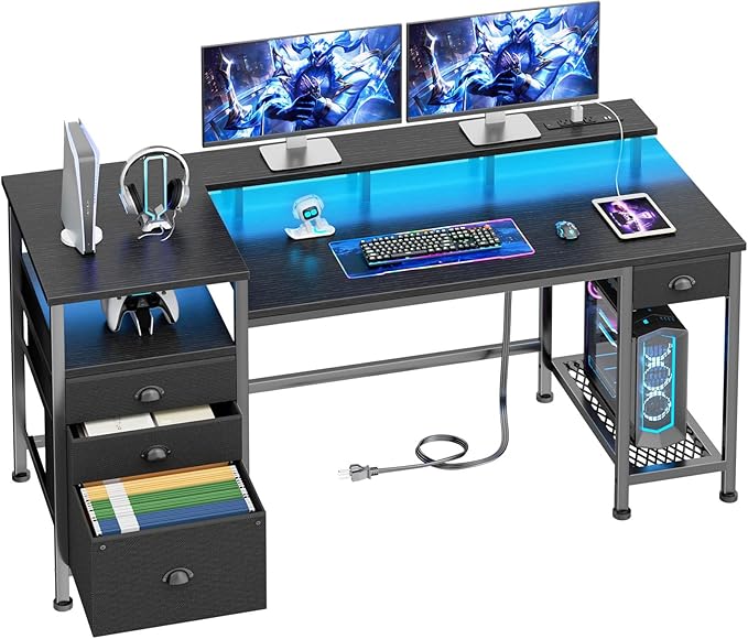 Furologee 60" Black Computer Desk with 4 Drawers and Printer Space, Gaming Desk with LED Lights and USB Power Outlets, Home Office Desk with Fabric File Cabinet,Study Work Table with Shelf for Bedroom
