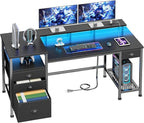 Furologee 60" Black Computer Desk with 4 Drawers and Printer Space, Gaming Desk with LED Lights and USB Power Outlets, Home Office Desk with Fabric File Cabinet,Study Work Table with Shelf for Bedroom