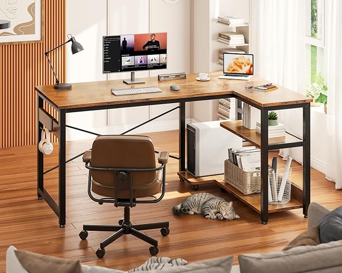 Casaottima L Shaped Computer Desk, 40 Inch Small Corner Desk with Storage Shelves & PC Stand, Reversible Gaming Desk for Bedroom, Modern Writing Study Table for Home Office, Vintage