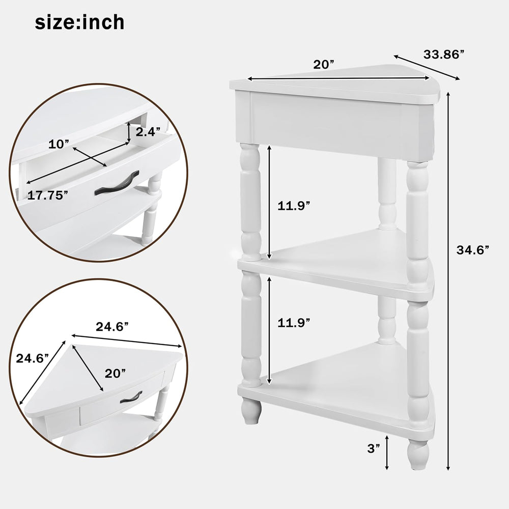Corner Side Table, 3-Tier Triangle End Table with Drawer and Solid Wood Legs,...