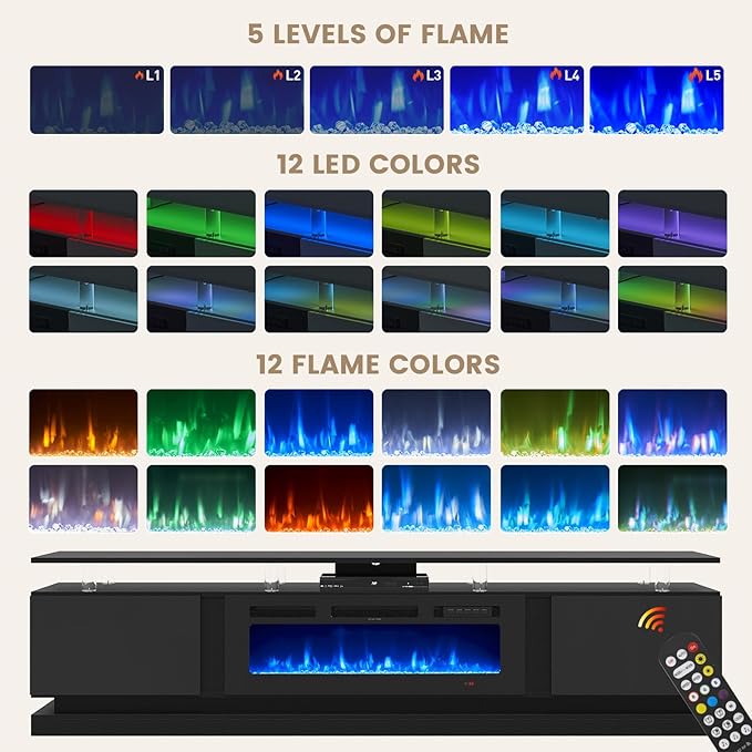 80" Fireplace TV Stand, Modern Entertainment Center for TVs Up to 90", TV Console with Storage Cabinets, Media Console for Living Room, Black TV Stand and Black Fireplace